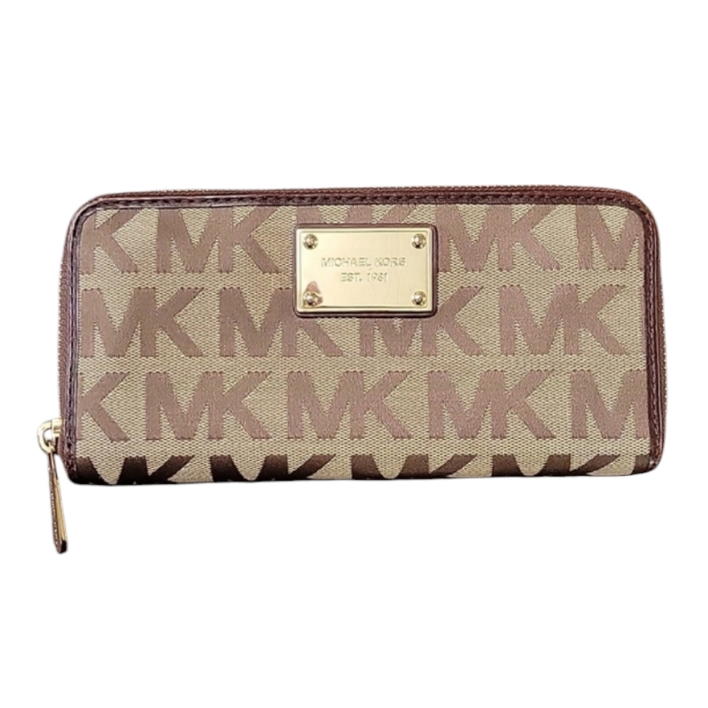 Michael Kors Continental Logo Wallet Zip Around Beige/Mocha Wallet Canvas